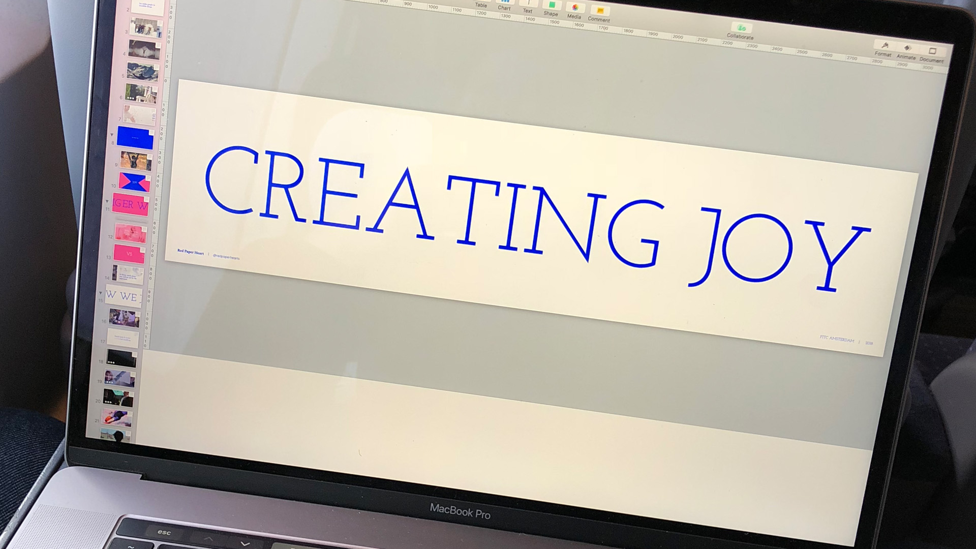 presentation slides, slide shows text: creating joy