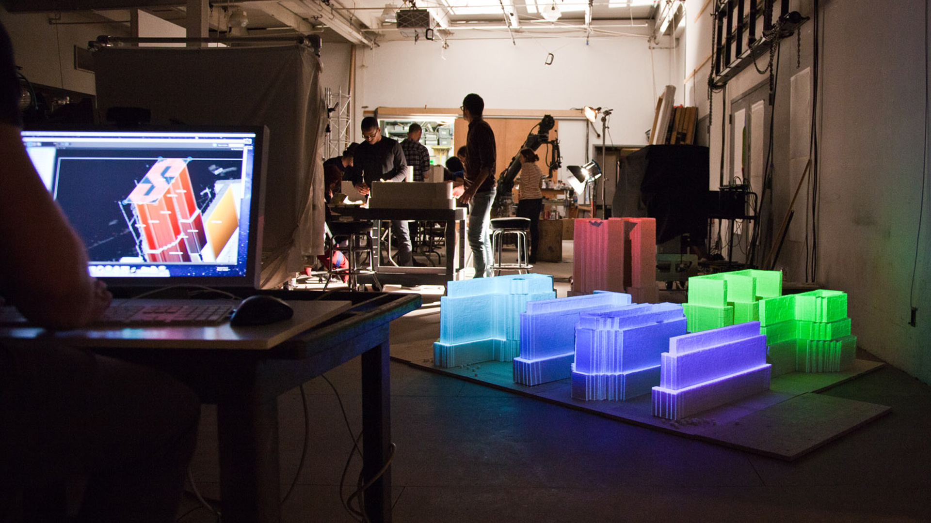 behind the scenes of interactive installation, projection mapping colors onto sugar cube sculptures, project: step up to it