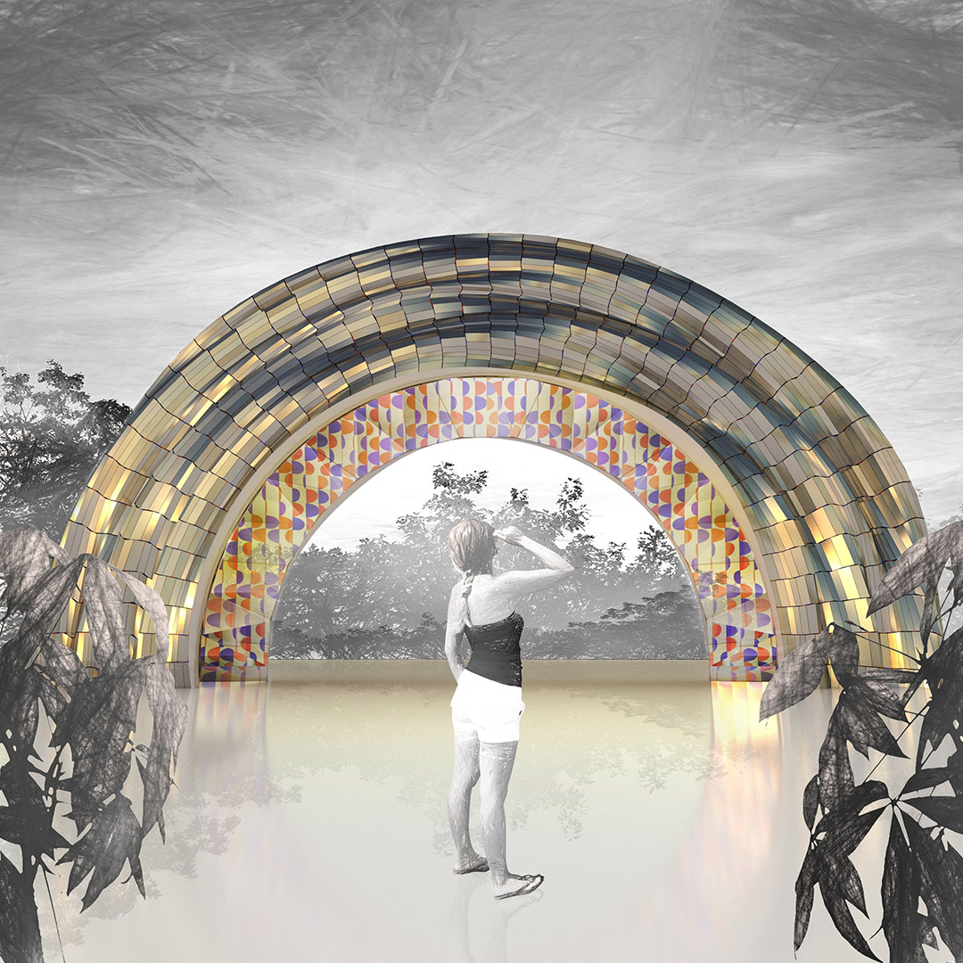prototype render of woman standing in front of large golden tile archway filled with colorful pattern on led screens