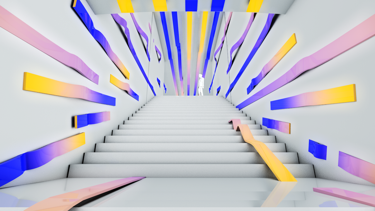 prototype render of stairway with colorful bendy integrated led strips