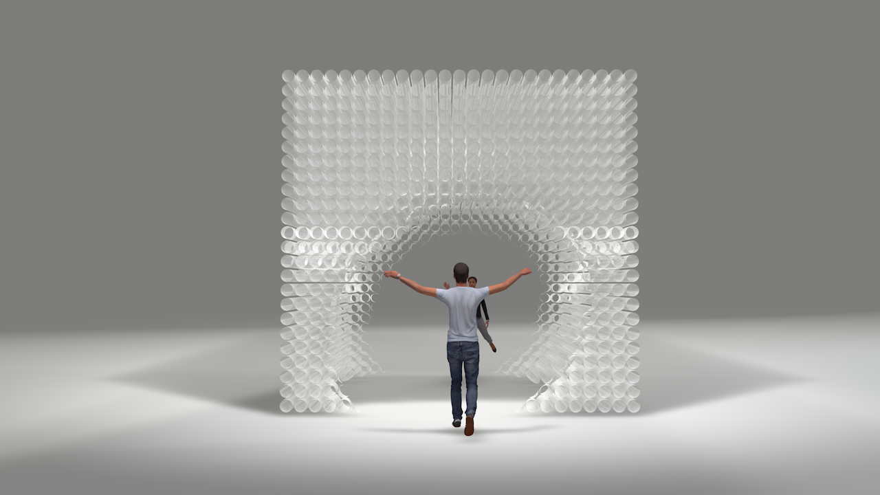 prototype render of man and woman walking through art installation cube, made out of transparent light up tubes