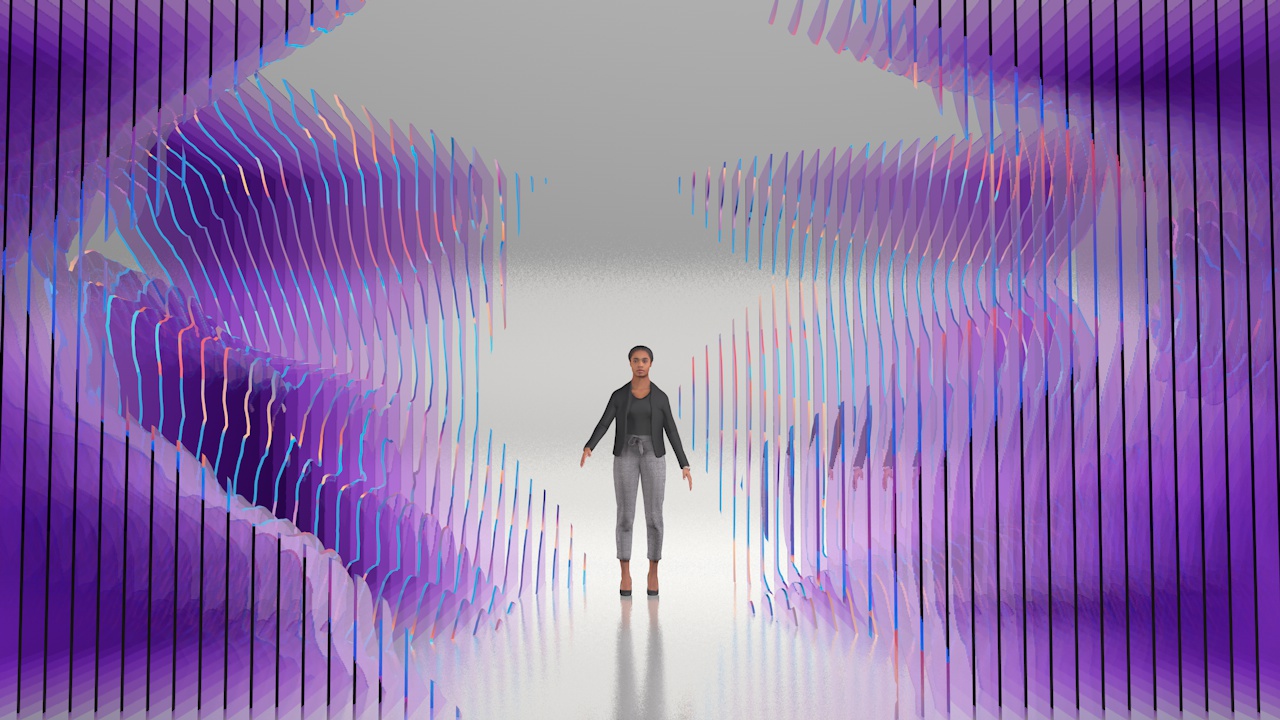 prototype render of woman surrounded by colorful purple projections on slats of glass