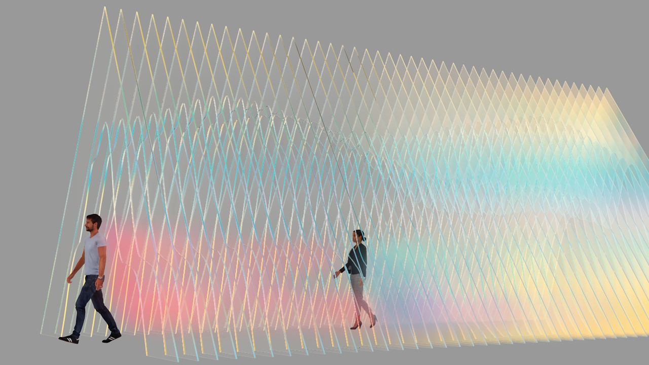 prototype render of man walking through colorful projections on sculptural glass tunnel