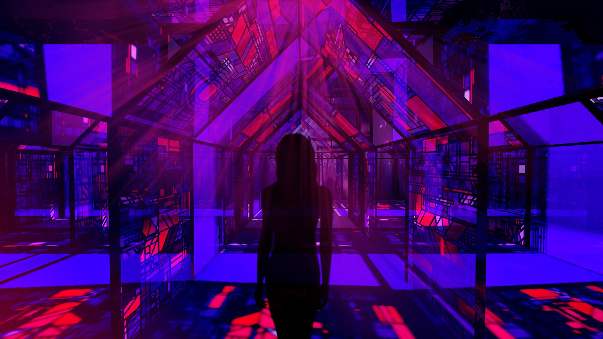 woman standing in a greenhouse built out of transparent led screens with graphic simulating stained glass windows