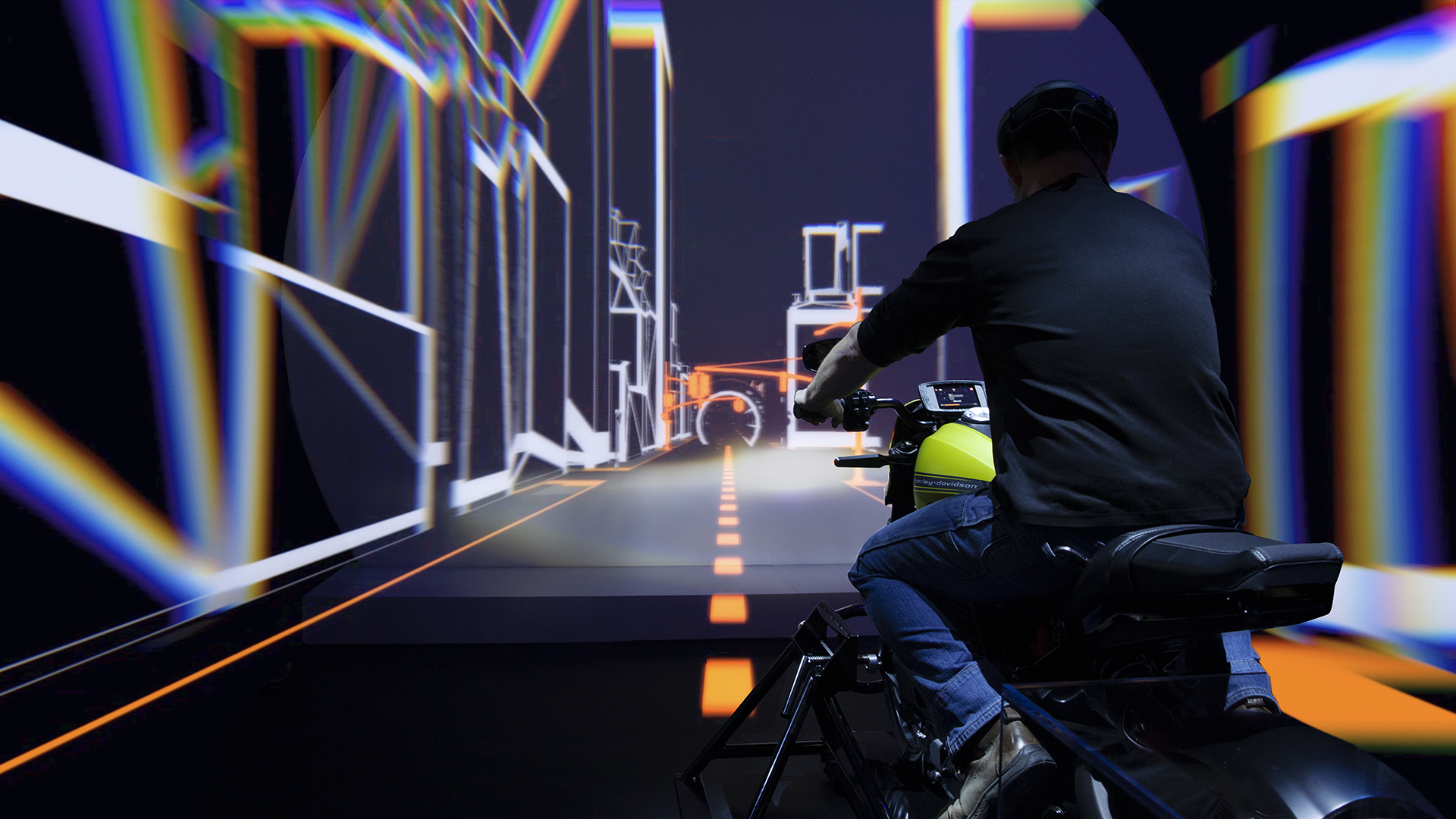 Man experiences harley davidson electric motorcycle vr experince at CES in Las Vegas