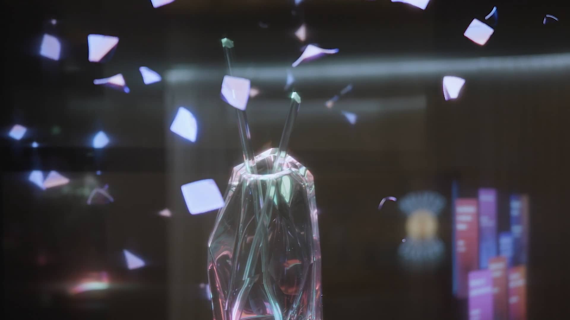crystal vase surrounded by transparent oled screens with crystal petals swirling around