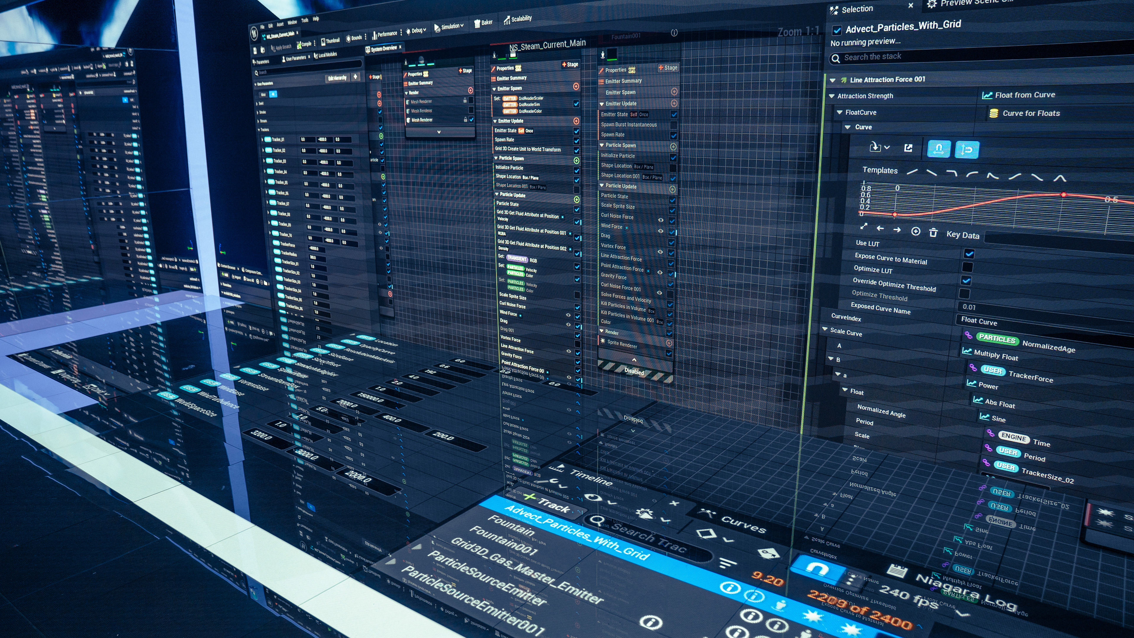 A large led floor and wall with the Unreal Engine application open on it. Showing a niagara system fluid vfx graph